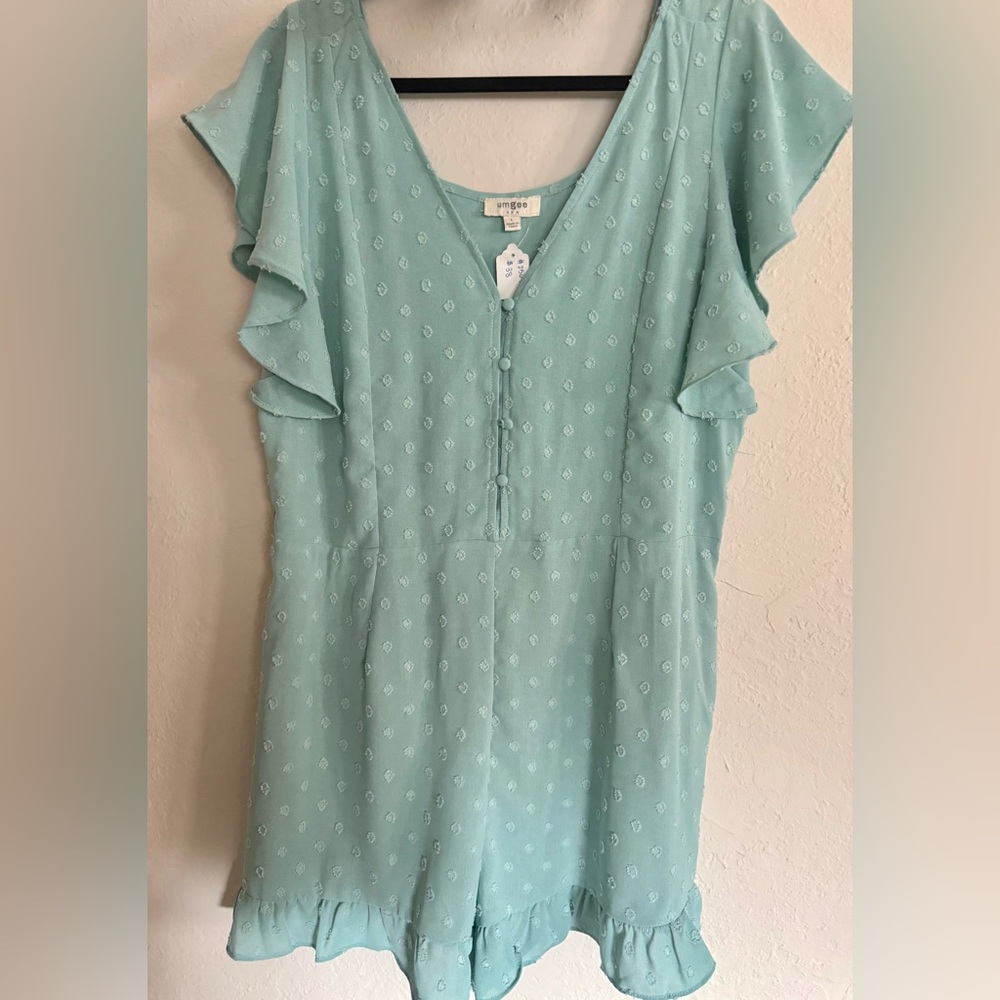 Women's Teal Ruffle Sleeve Romper